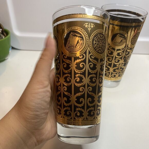 Set of 2 1965 Libbey Rock of Gibraltar Prudential Highball Glasses Gold & Black - Picture 4 of 9